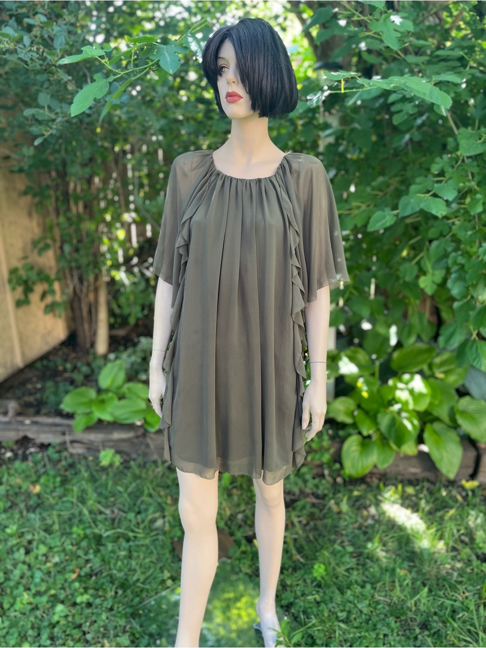 Flowy Olive Green Women's Dress - Relaxed Ruffle Tunic
